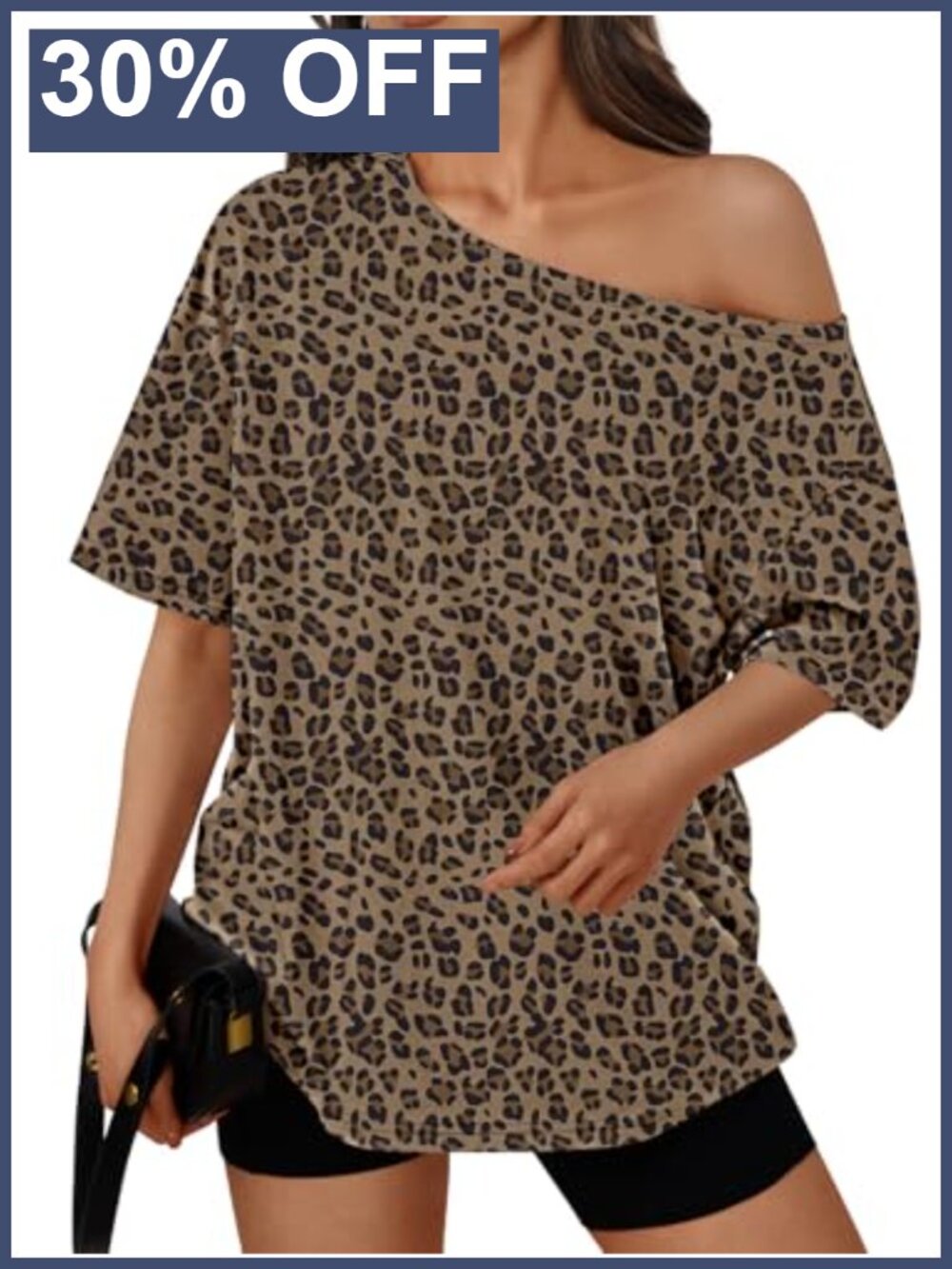 Women Off Shoulder Oversized T-Shirt Leopard Print Summer Short Sleeve